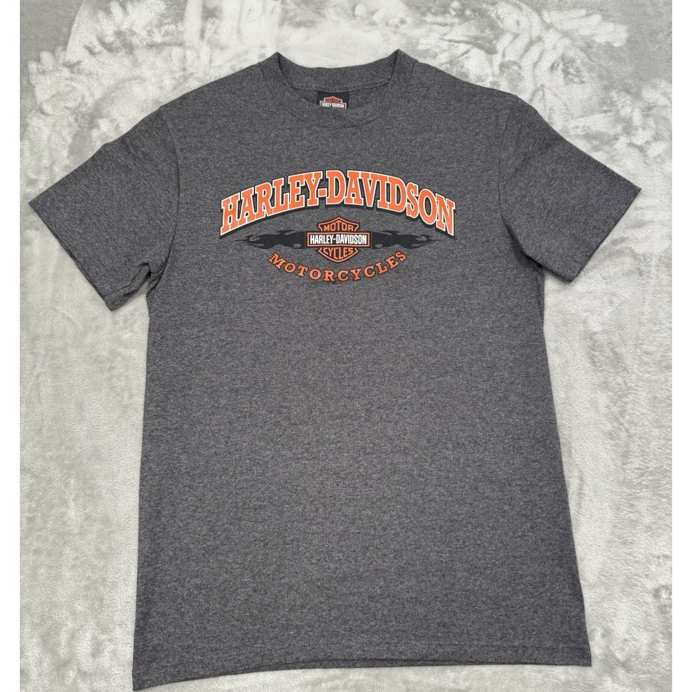 Harley Davidson Shirt Womens Medium M Gray Short Sleeve Orange Logo Flames Biker
